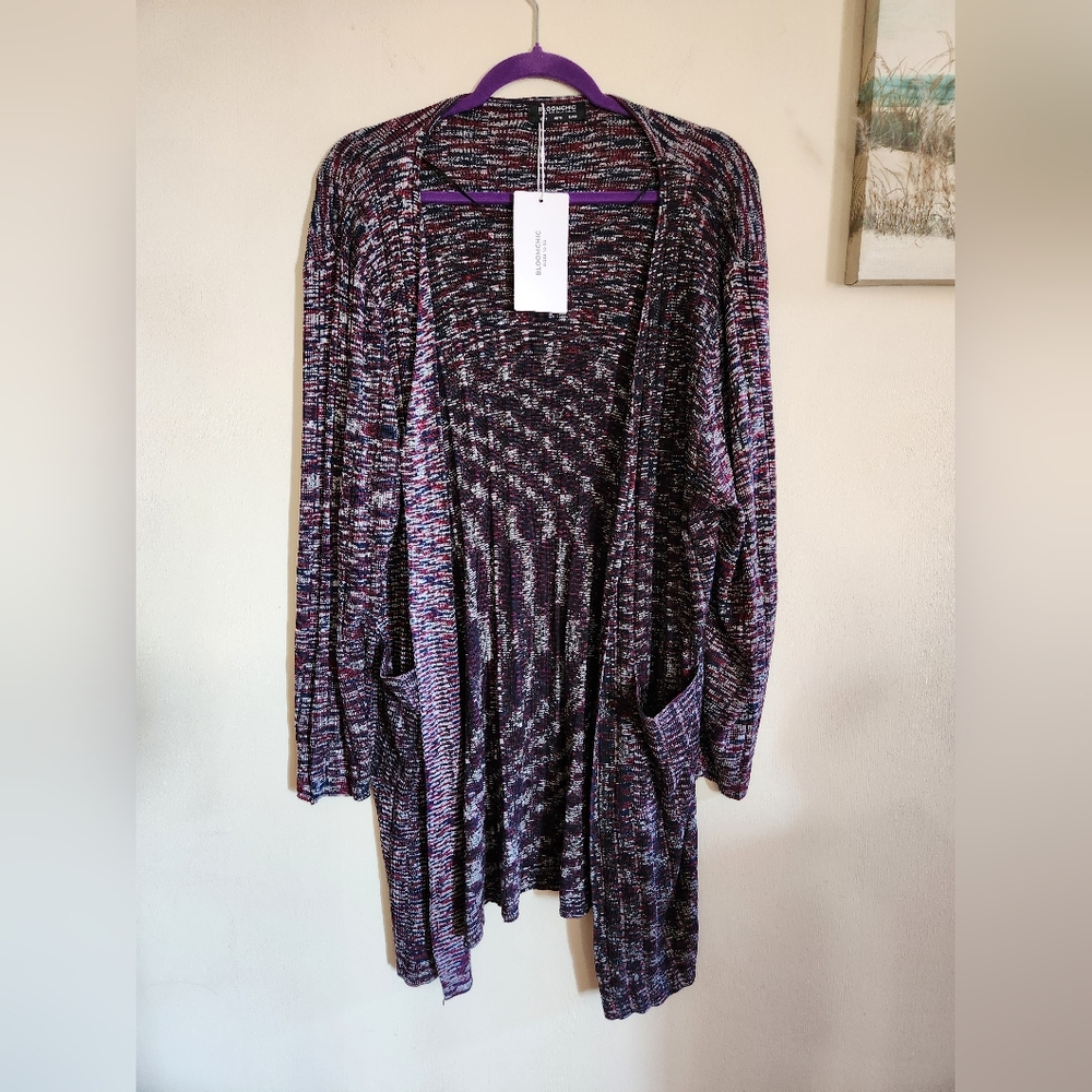 Bloomchic open cardigan sweater with pockets 12 large NWT red white blue